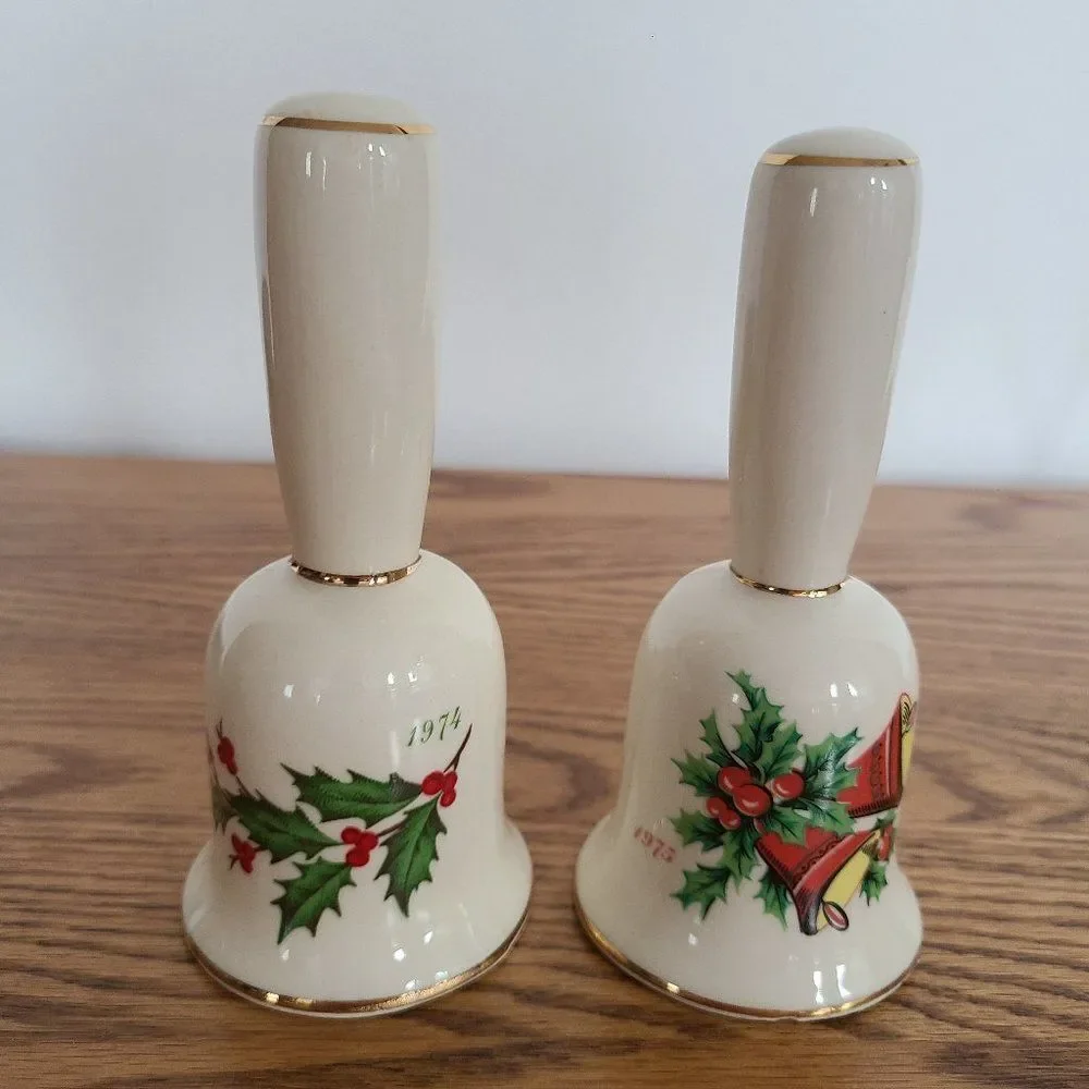 Vintage 1974 and 1975 Porcelain Ceramic Christmas Holiday Hand Dinner Bells